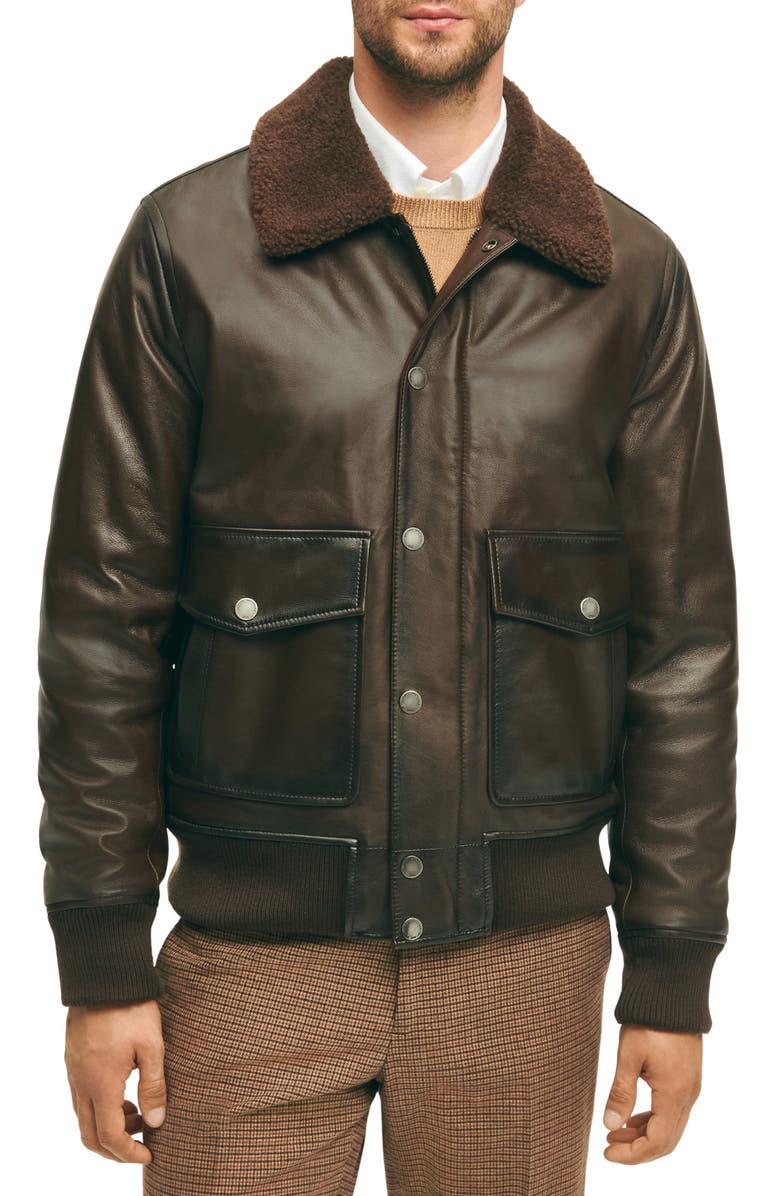 Brooks Brothers Leather Flight Jacket with Genuine Shearling Collar, Main, color,