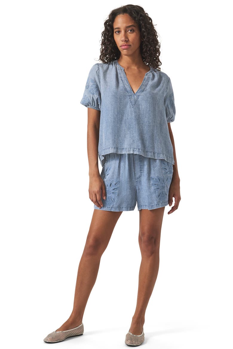 Cayden Embroidered Puff Sleeve Chambray Top, Alternate, color, INDIGO
