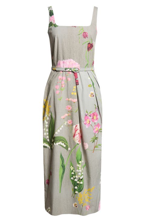 Mixed Botanical Pleated Cotton Stretch Poplin Midi Dress