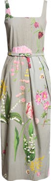 Oscar de la Renta Mixed Botanical Pleated Cotton Stretch Poplin Midi Dress