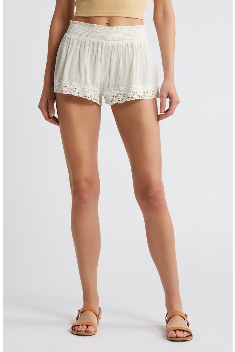 Smocked Waist Lace Hem Cotton Shorts, Main, color, ECRU