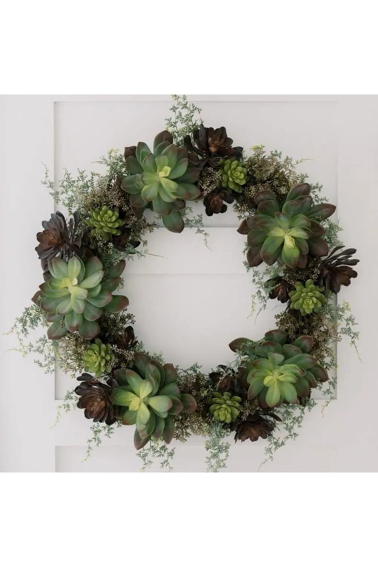30" Artificial Eucalyptus and Succulent Wreath, Alternate, color, Green