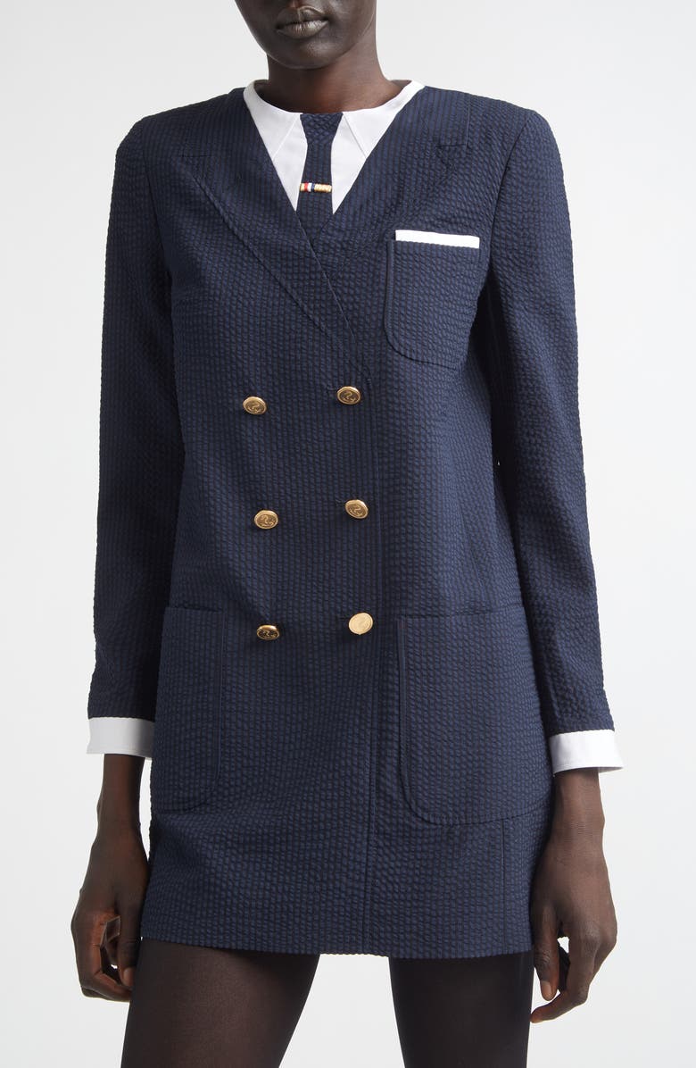 Thom Browne Trompe l'Oeil Mixed Media Long Sleeve Minidress, Alternate, color, Navy