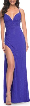 La Femme Ruched Rhinestone Net Jersey Dress with Lace Up Open Back