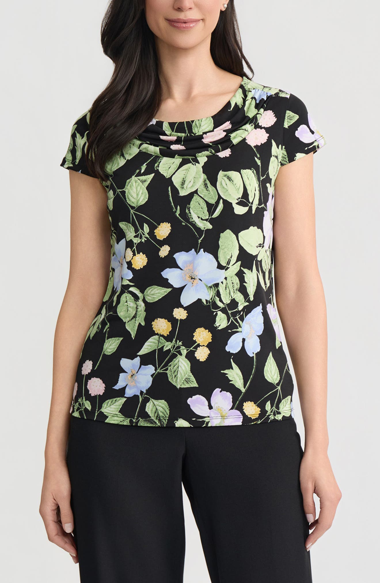 Floral Cowl Neck Cap Sleeve Top