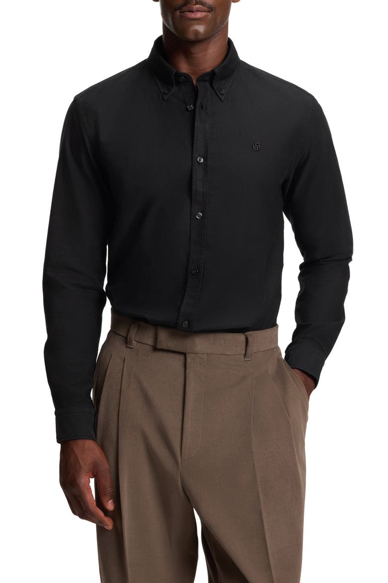 Roan Slim Fit Solid Cotton Button-Down Shirt, Main, color, BLACK