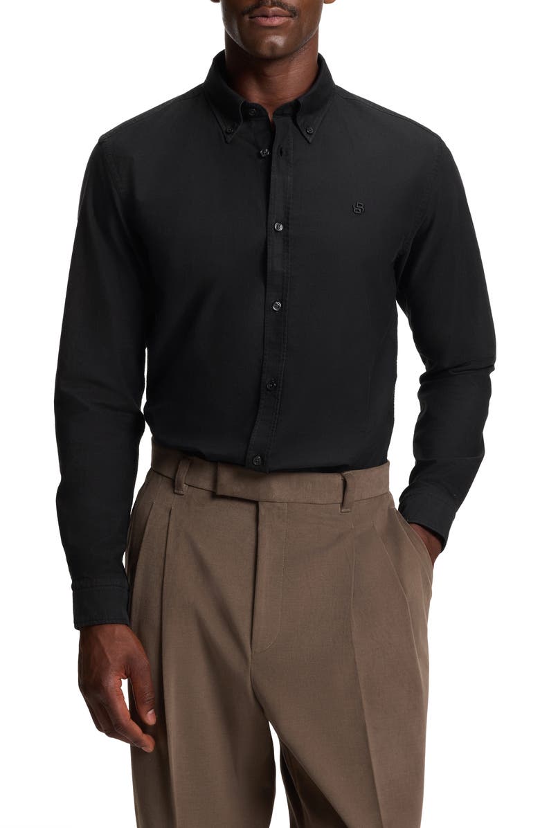 BOSS Roan Slim Fit Solid Cotton Button-Down Shirt, Main, color, Black