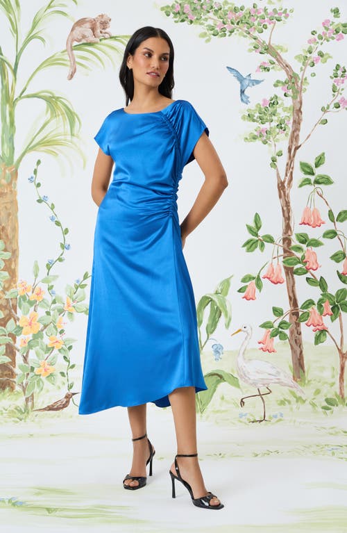 Maggy London Cap Sleeve Ruched Satin Cocktail Dress In Blue