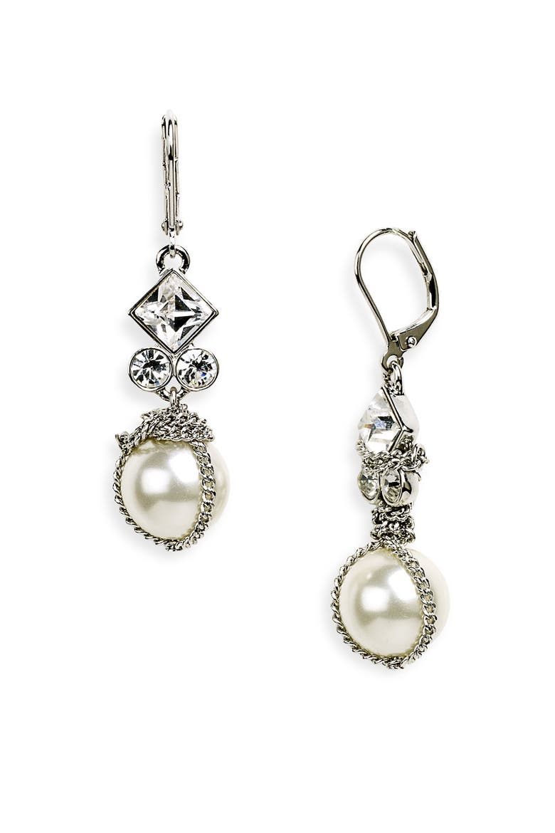 Small Glass Pearl Earrings, Main, color, Z/DNU WHITE PRL/CLR CRYS/SLVR