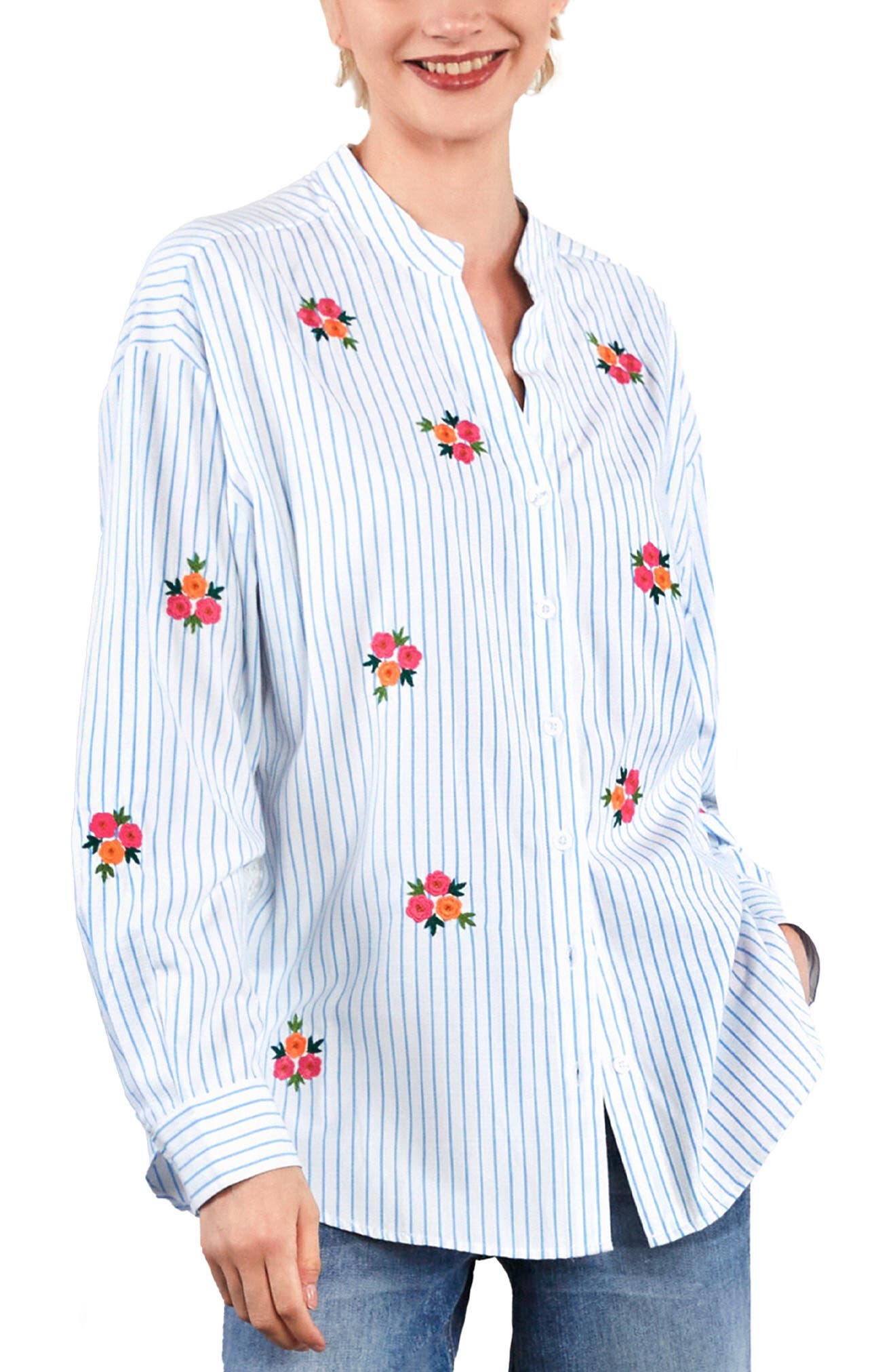 Billy T Spring Bloom Embroidered Stripe Shirt (Women) | Nordstrom
