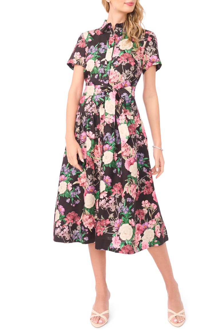 Charlie Floral Linen Midi Shirtdress, Main, color, RICH BLACK