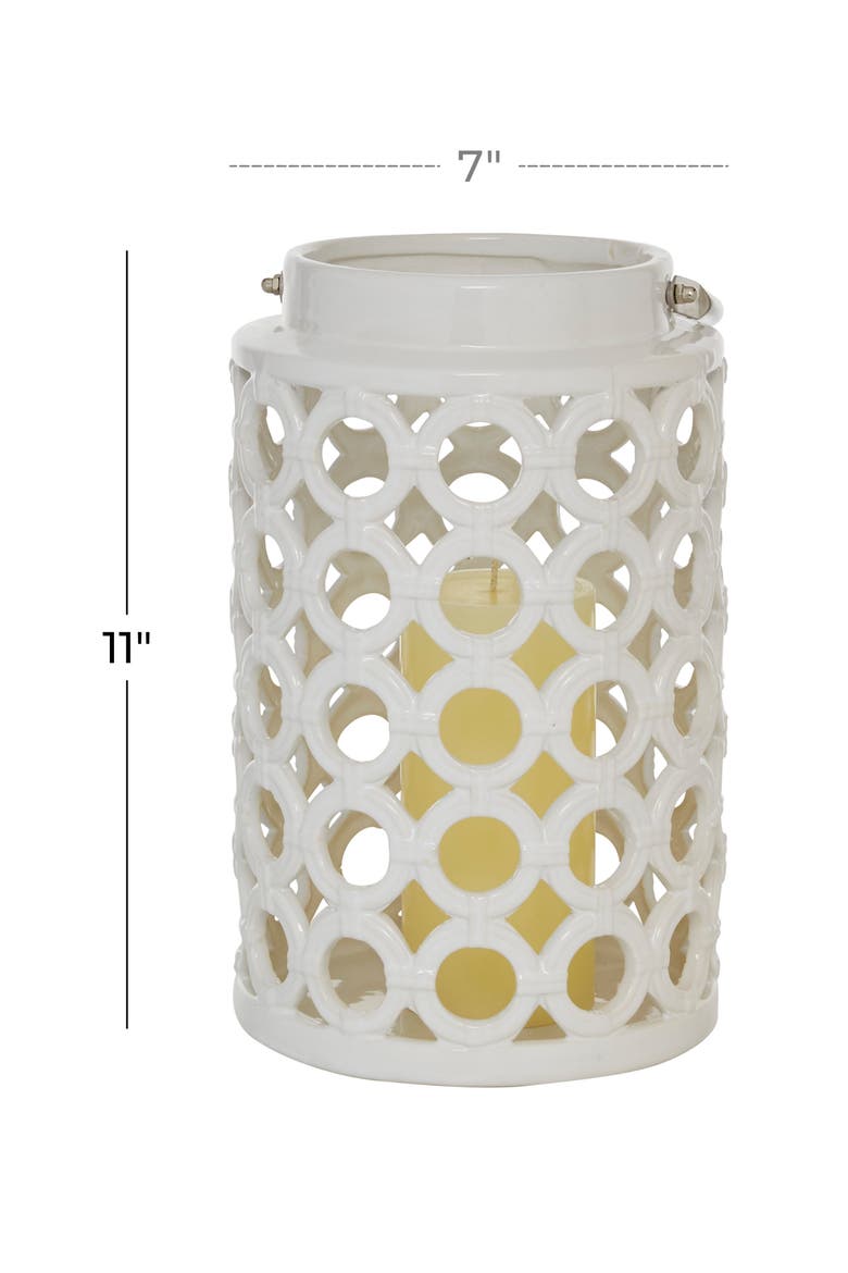 White Ceramic Circles Pillar Candle Lantern with Cut Out Design, Alternate, color, WHITE