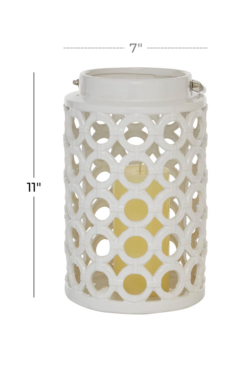 GINGER BIRCH STUDIO White Ceramic Circles Pillar Candle Lantern with Cut Out Design, Alternate, color, White