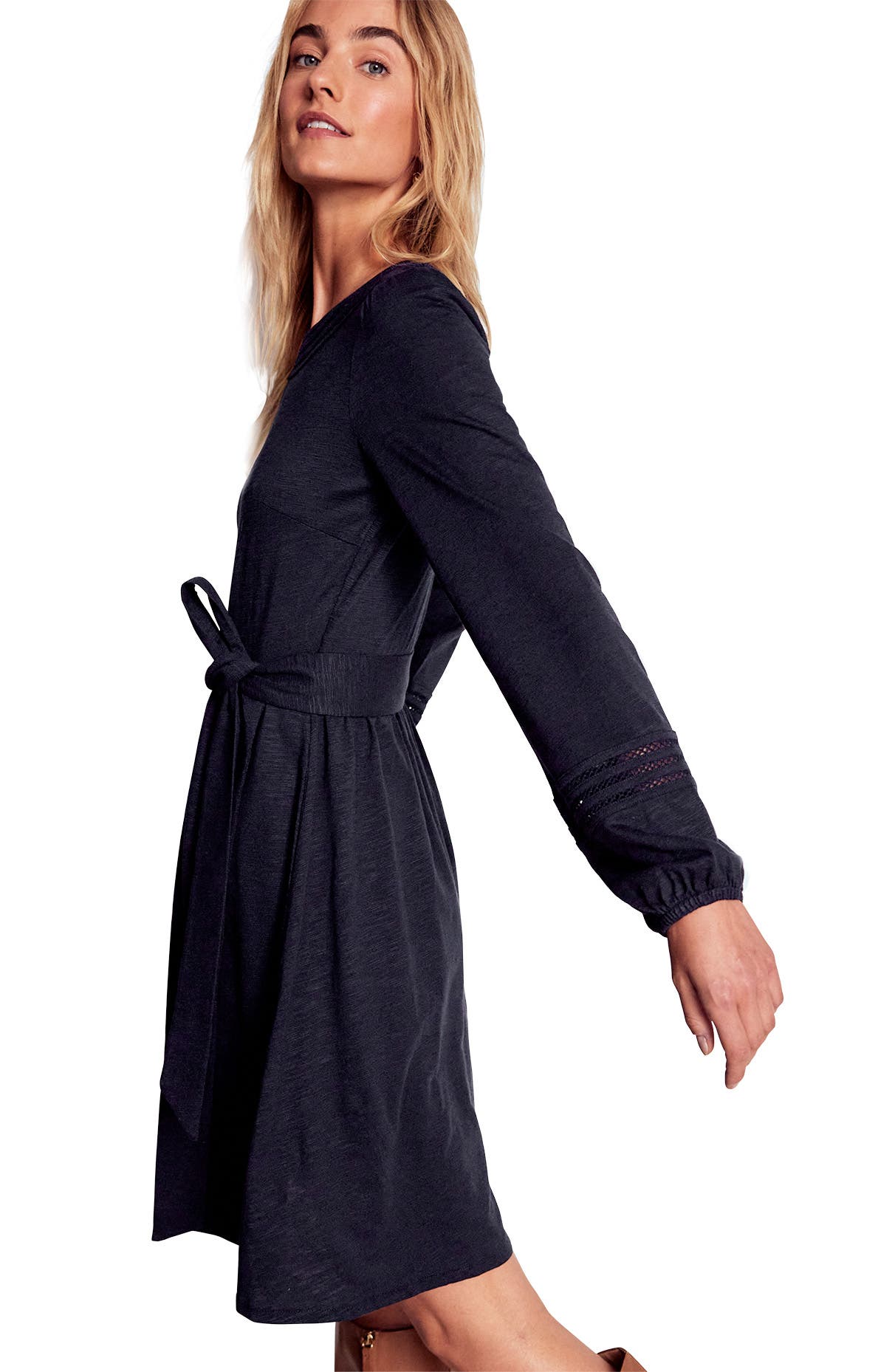 Boden Athina Embroidered Detail Long Sleeve Cotton Blend Dress