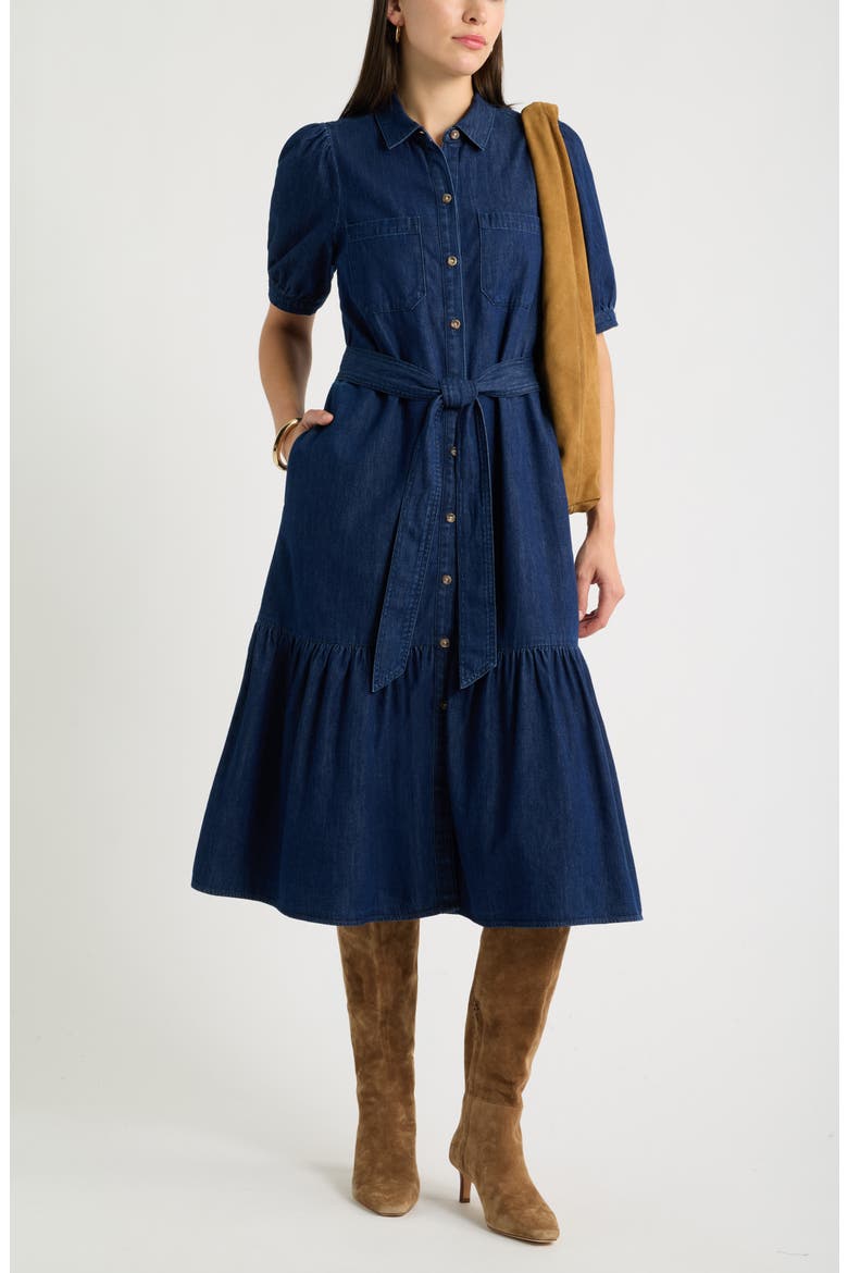 Belted Cotton Chambray Midi Dress, Alternate, color, DARK WASH