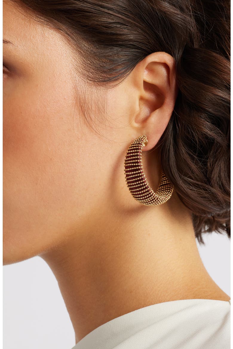 Metallic Thread Hoop Earrings, Alternate, color, BURGUNDY- GOLD