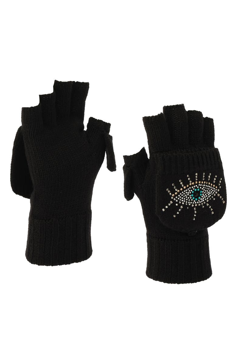Kurt Geiger London Evil Eye Convertible Crystal Embellished Mittens, Alternate, color, Black