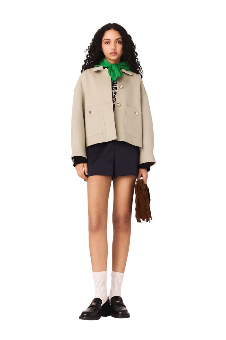Short pleated-back wool jacket, Main, color, Beige