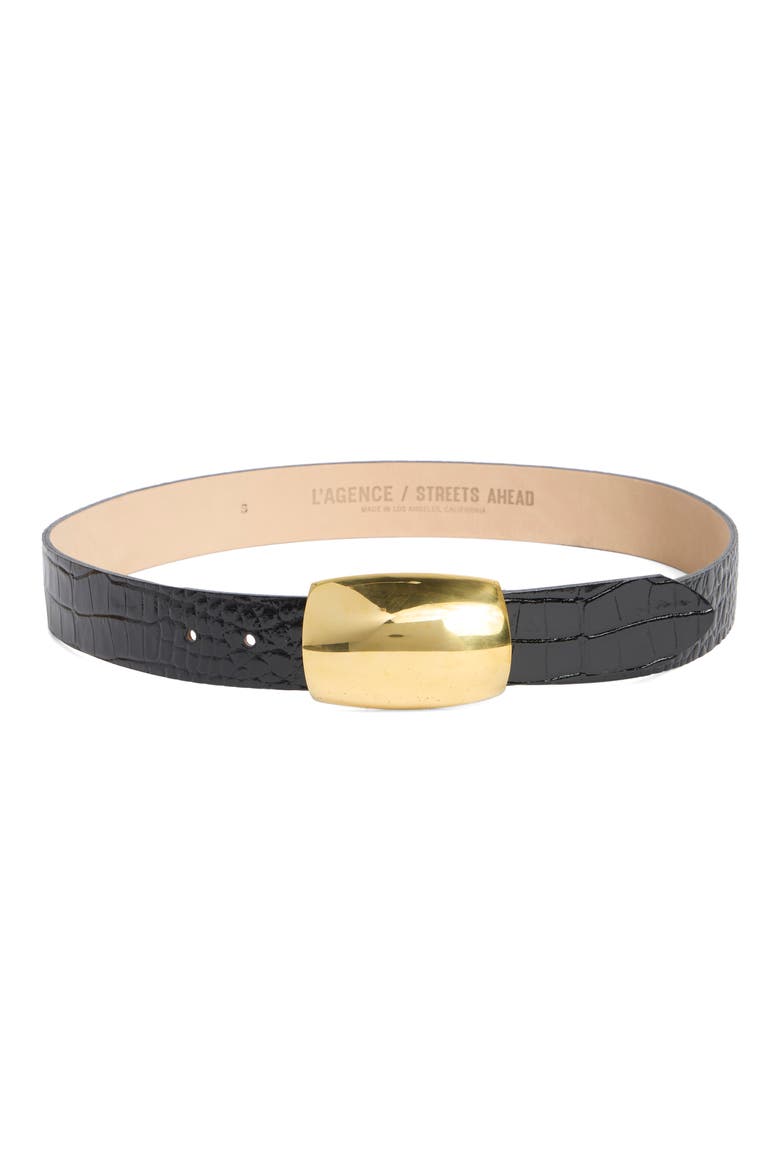 Milou Domed Buckle Croc Embossed Patent Leather Belt, Main, color, BLACK CROC EMBOSSED