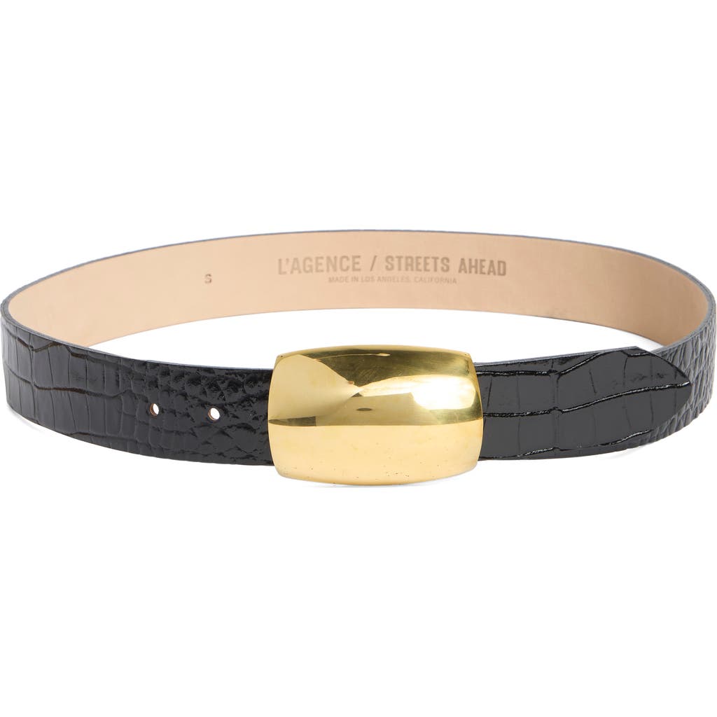 L Agence L'agence Milou Domed Buckle Croc Embossed Patent Leather Belt In Black