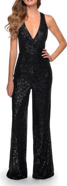 La Femme Long Sequin Jumpsuit with Criss Cross Back