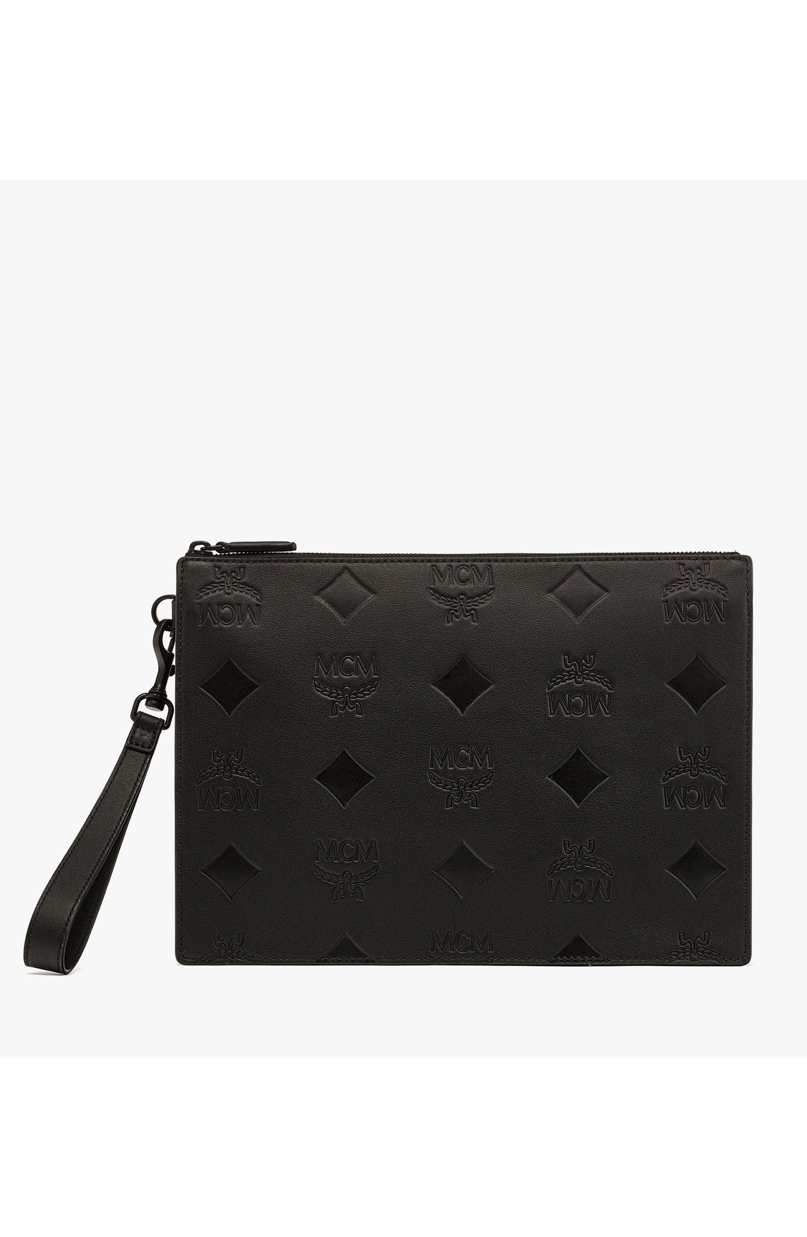 MCM Aren Wristlet Pouch in Maxi Monogram Leather, Main, color, Black