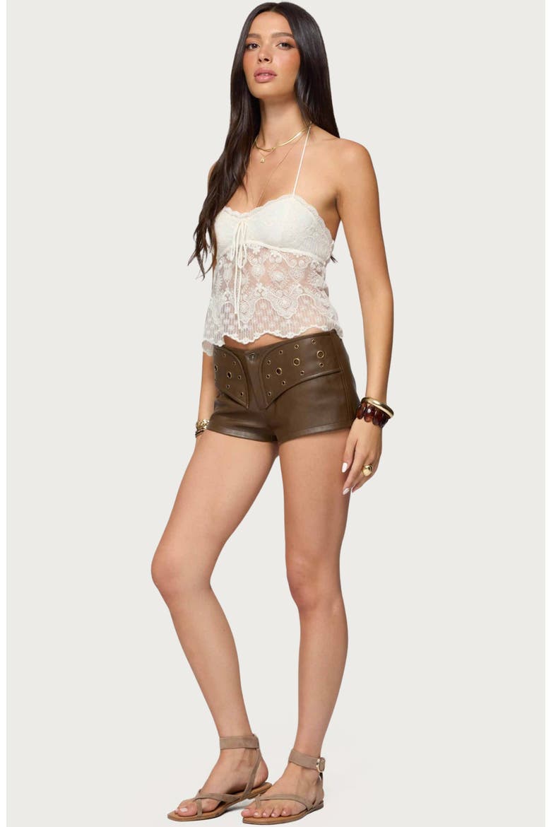 Grommet Faux Leather Microshorts, Alternate, color, BROWN