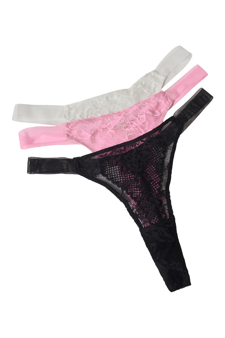 Reya Assorted 3-Pack Lace & Mesh Thongs, Main, color, WHITE/ BLACK/ PINK