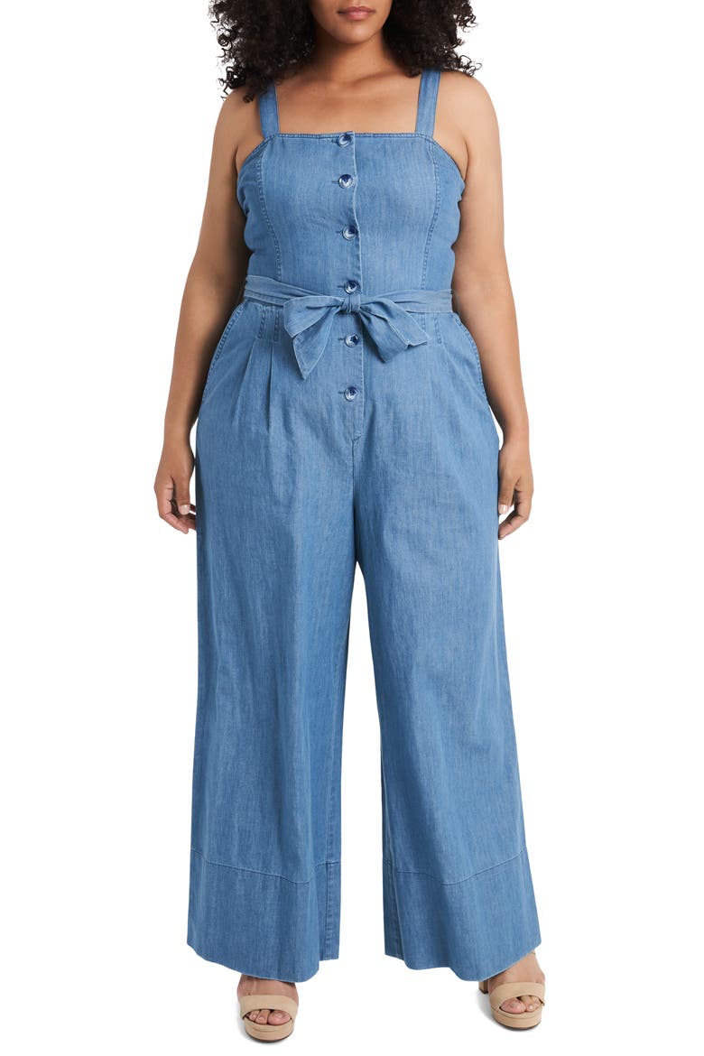 Belted Button Front Chambray Jumpsuit, Main, color, BERMUDA BLUE