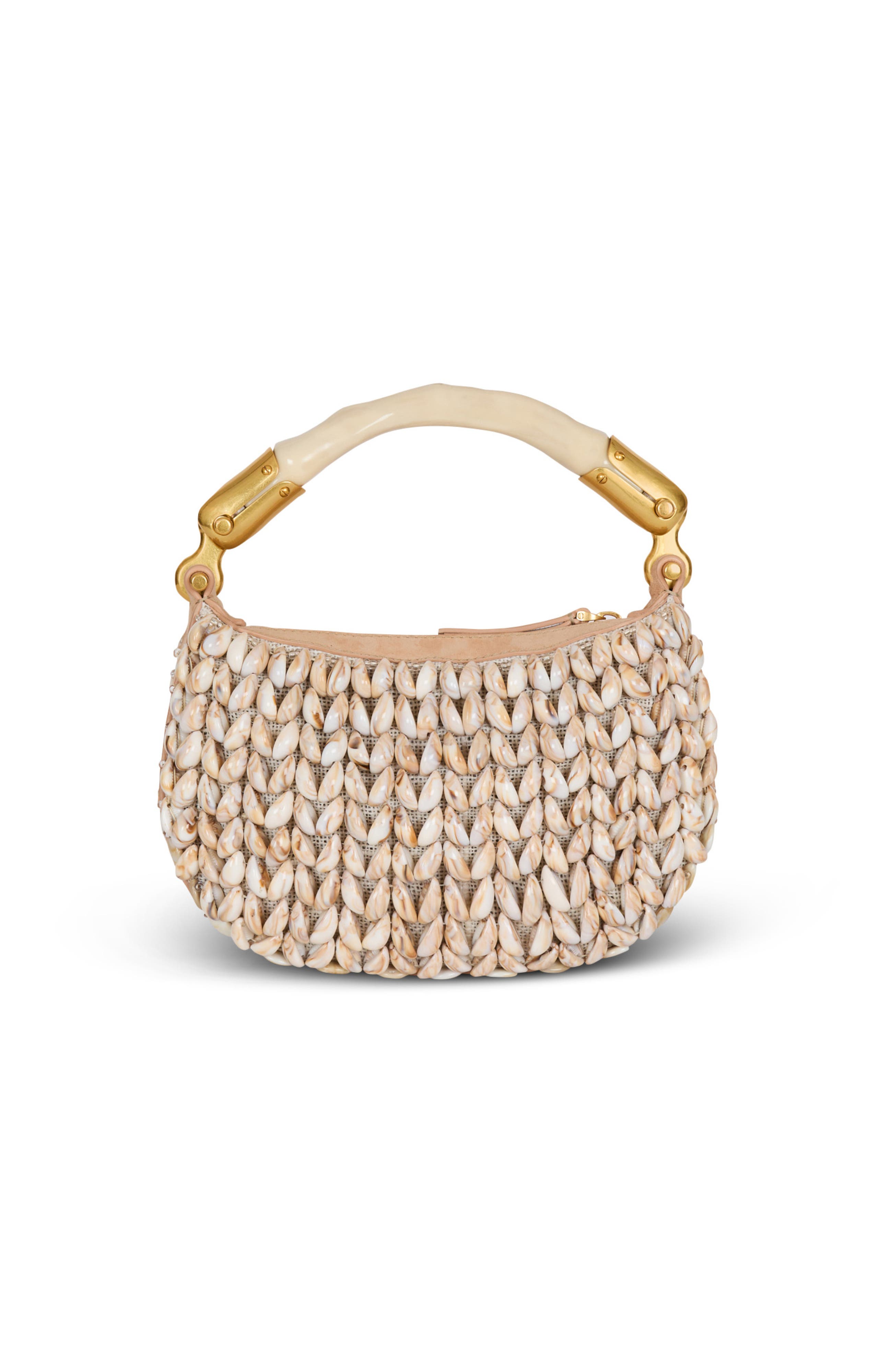 Balmain Ebene Mini bag in suede and shells, Alternate, color, Beige