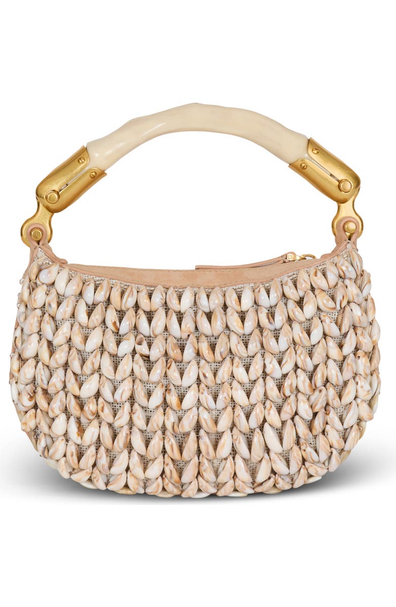 Balmain Ebene Mini bag in suede and shells, Alternate, color, Beige
