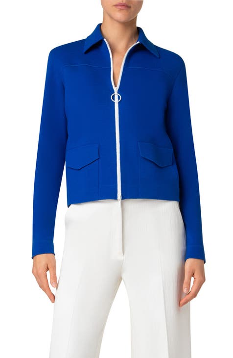 NEW NWT $695 Designer Akris Punto Cropped Blue popular Stripe Cardigan Zip Front SZ 6