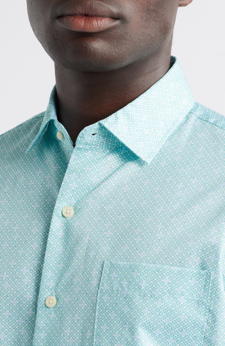 Peter Millar James Geo Print Short Sleeve Cotton Button-Up Shirt, Alternate, color, Meadow