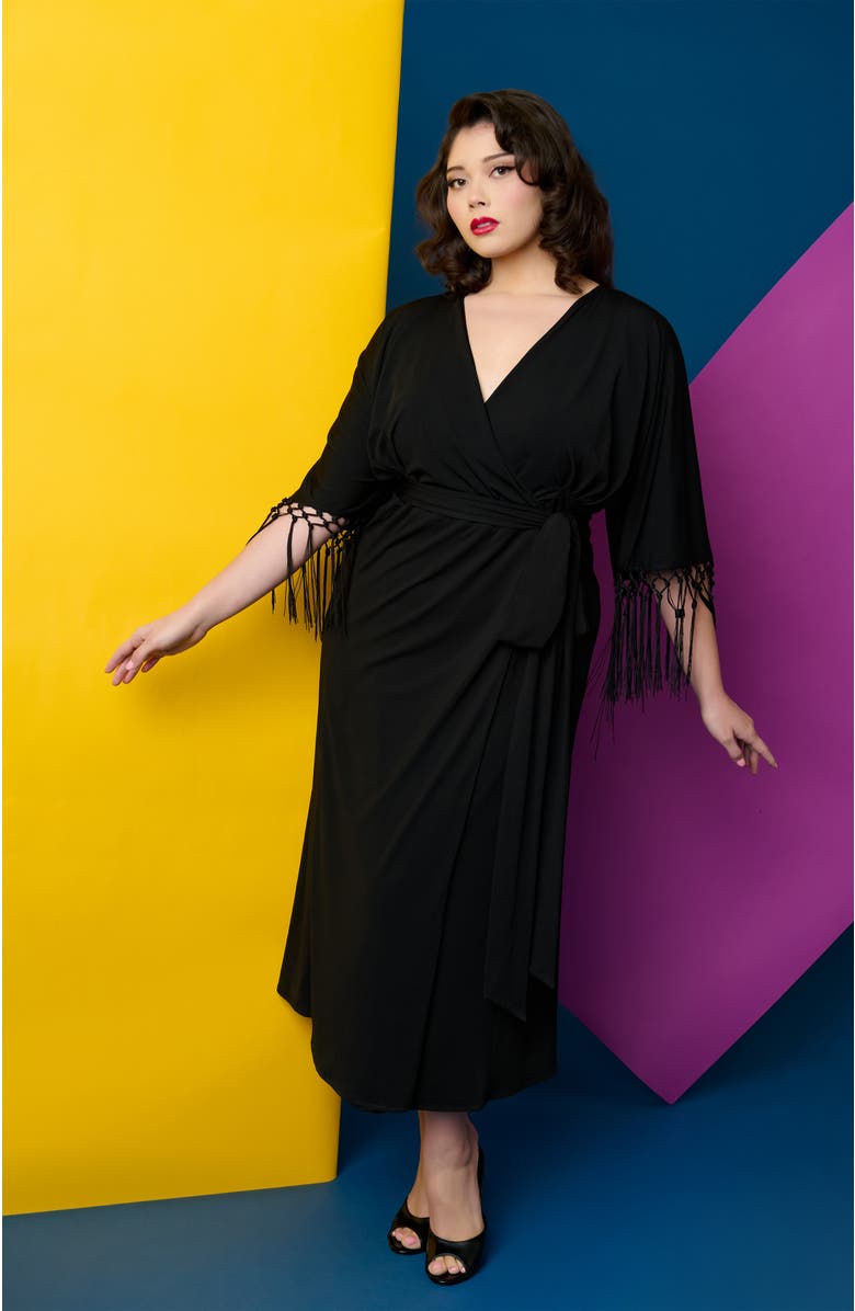 Unique Vintage Plus Size Tie Wrap Surplice Midi Dress, Alternate, color, 