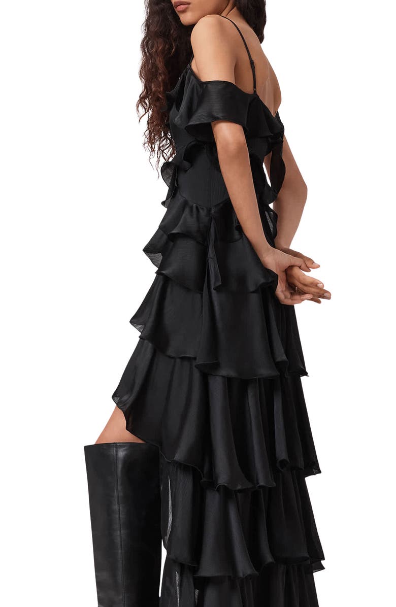 AllSaints Sienna Cold Shoulder Ruffle Tiered High-Low Dress, Alternate, color, Petra Sepia Brown