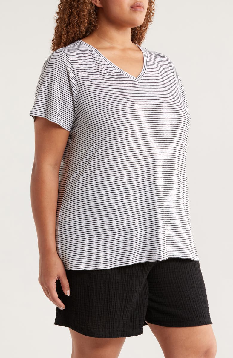 Eileen Fisher Stripe Organic Linen T-Shirt, Alternate, color, White/ Black