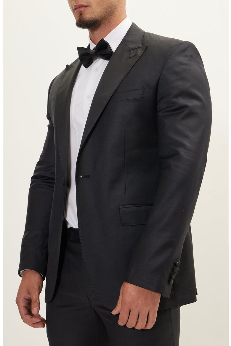 Trim Fit Peak Lapel Wool & Silk Tuxedo, Alternate, color, BLACK