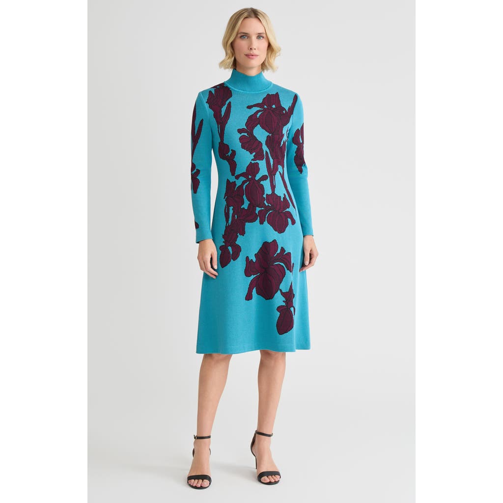 Ming Wang A-line Floral Jacquard Soft Knit Midi Dress In Blue