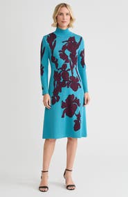 Ming Wang A-Line Floral Jacquard Soft Knit Midi Dress