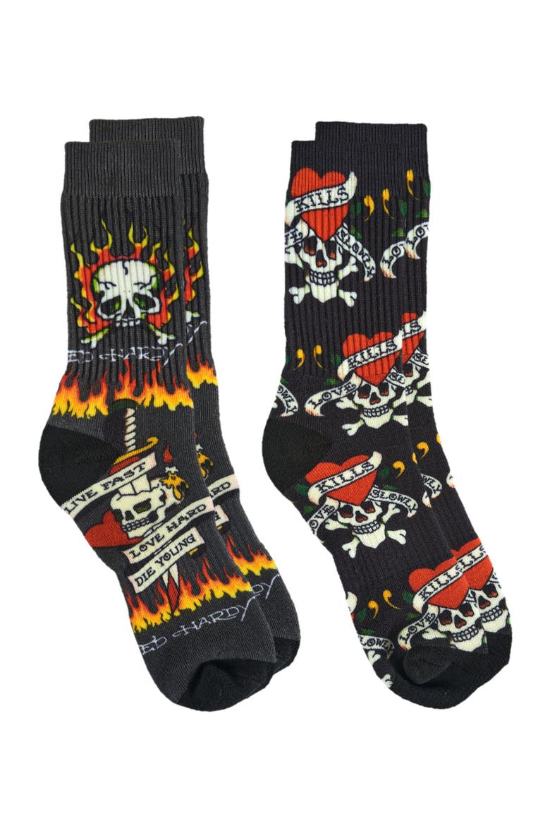 Flaming Skull 360 Print Full Cushion Crew Sock 2-Pack, Alternate, color, Grey