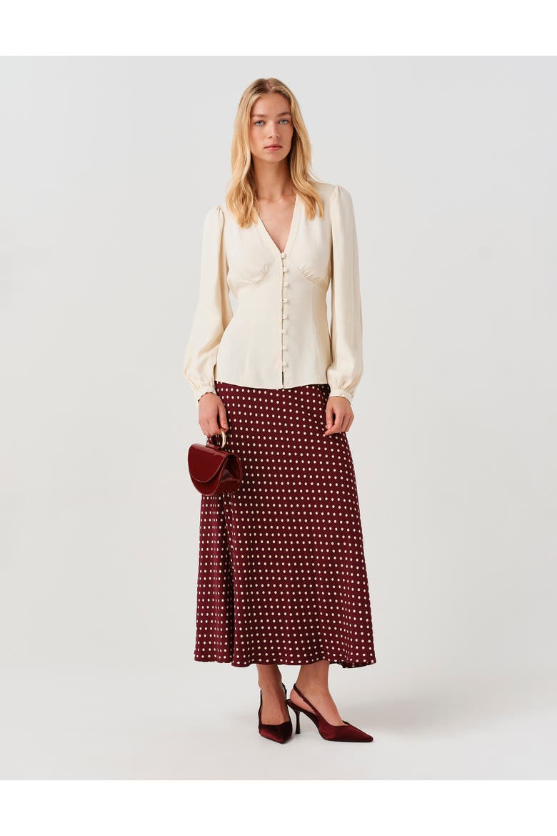Lyra Spot Midi Satin Skirt, Alternate, color, Burgundy Spot