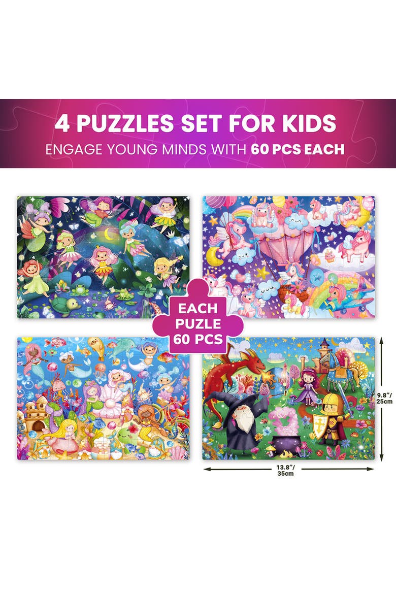 4-Pack 60-Piece Glow-in-the-Dark Kids Jigsaw Puzzles - Fantasy Themes, Alternate, color, 4x60Girls