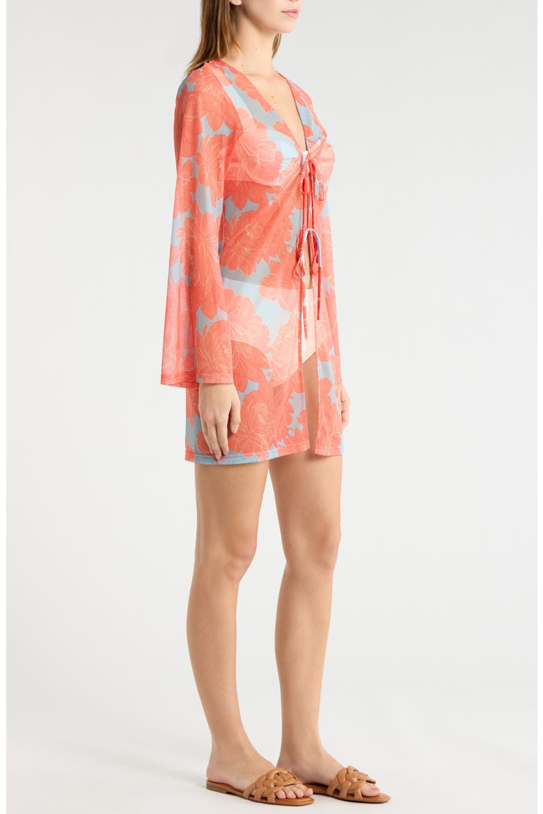 Tie Front Long Sleeve Cover-Up, Alternate, color, SKY BLUE PEONIES