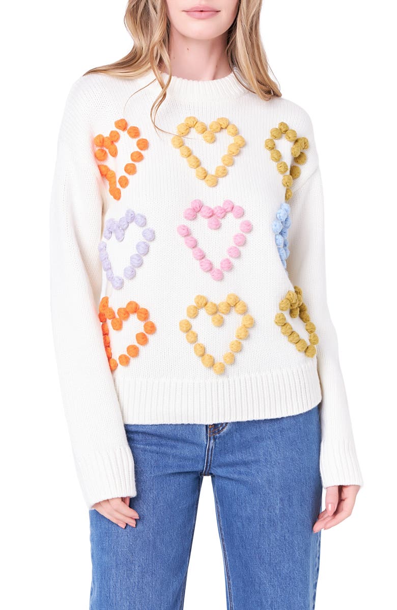 English Factory Heart Pom Sweater, Alternate, color, 