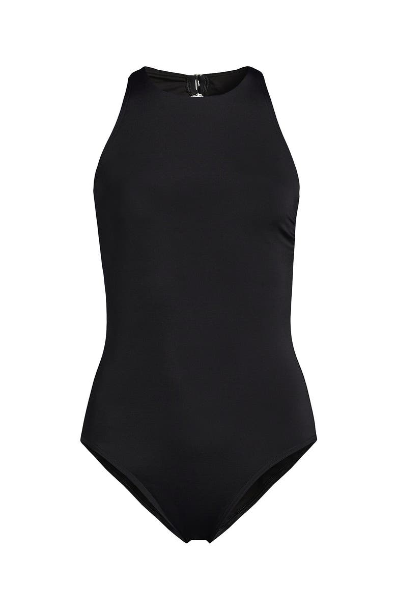Lands' End D-Cup Tugless High Neck Portrait Back One Piece Swimsuit, Alternate, color, Black