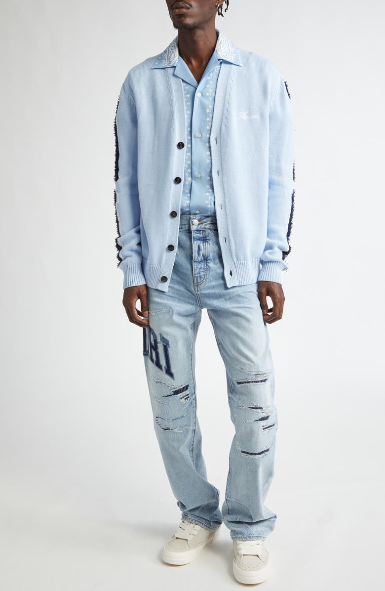 AMIRI Bones Cotton Blend Cardigan, Alternate, color, Cerulean