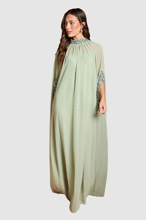 Chiffon Cape Style Sequin Maxi Dress