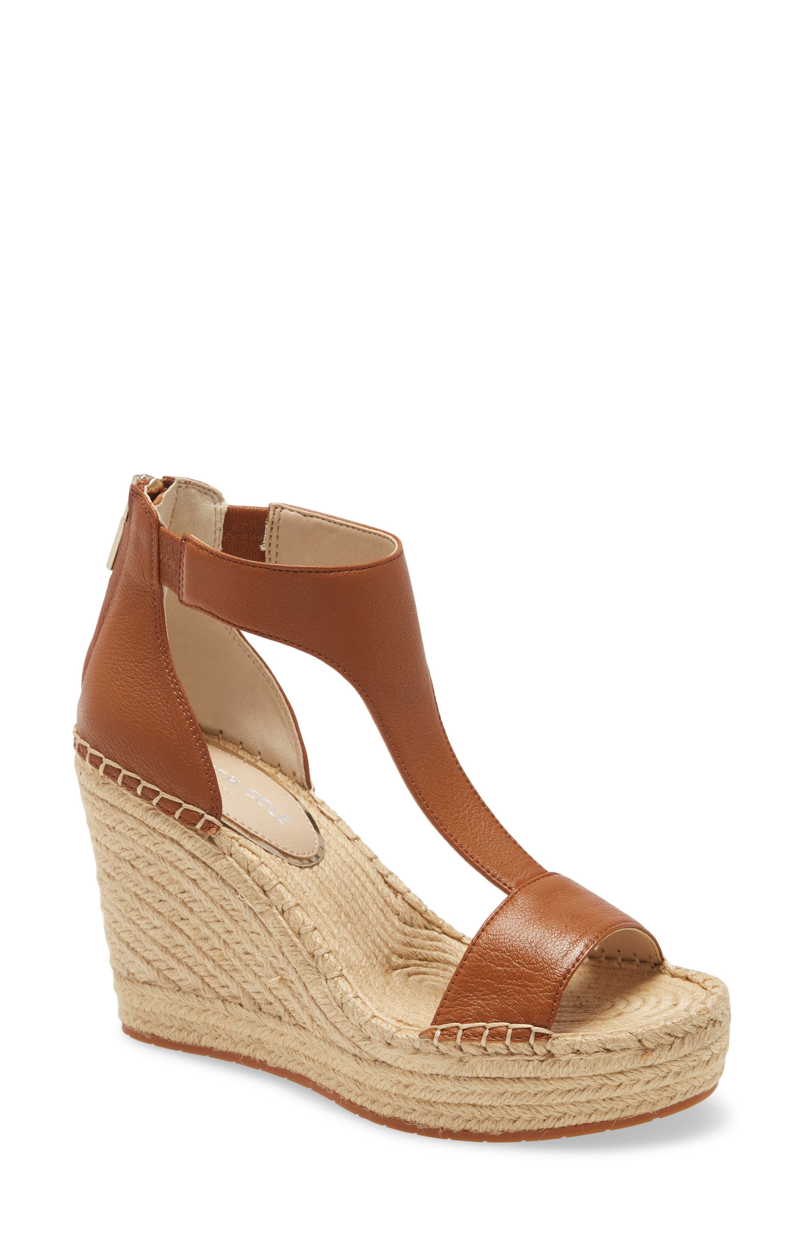 Olivia T-Strap Wedge Sandal, Main, color, COGNAC LEATHER