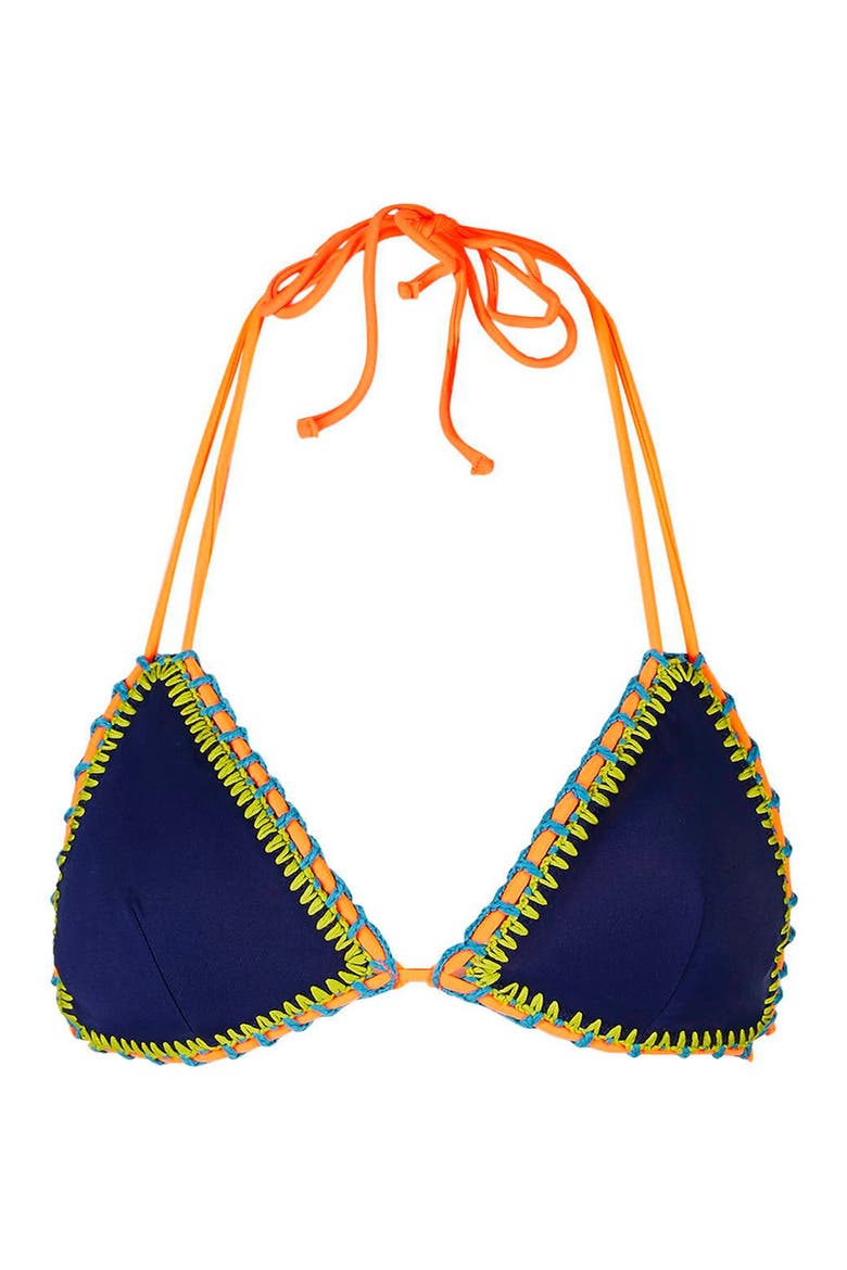 Crochet Trim Triangle Bikini Top, Main, color, BLUE MULTI