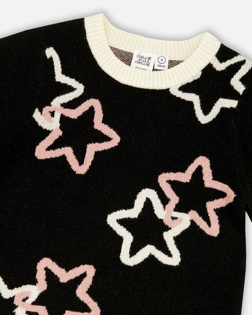 Deux Par Deux Long Sleeve Knit Dress With Stars In Black